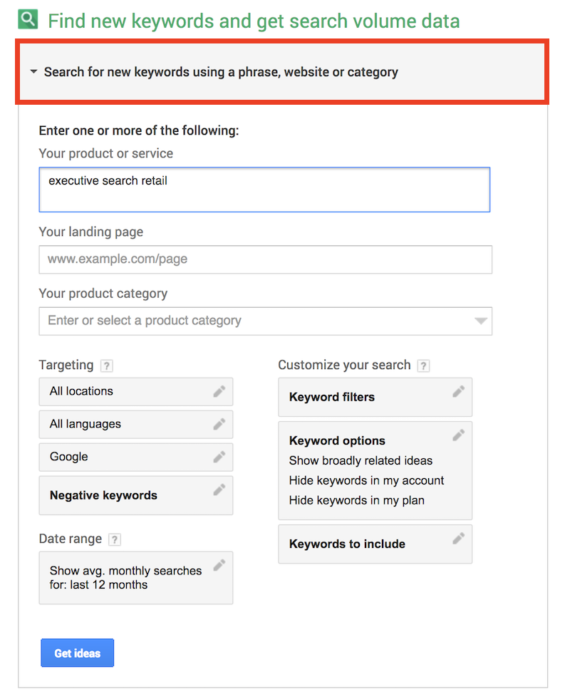 Google Keyword Planner Menu