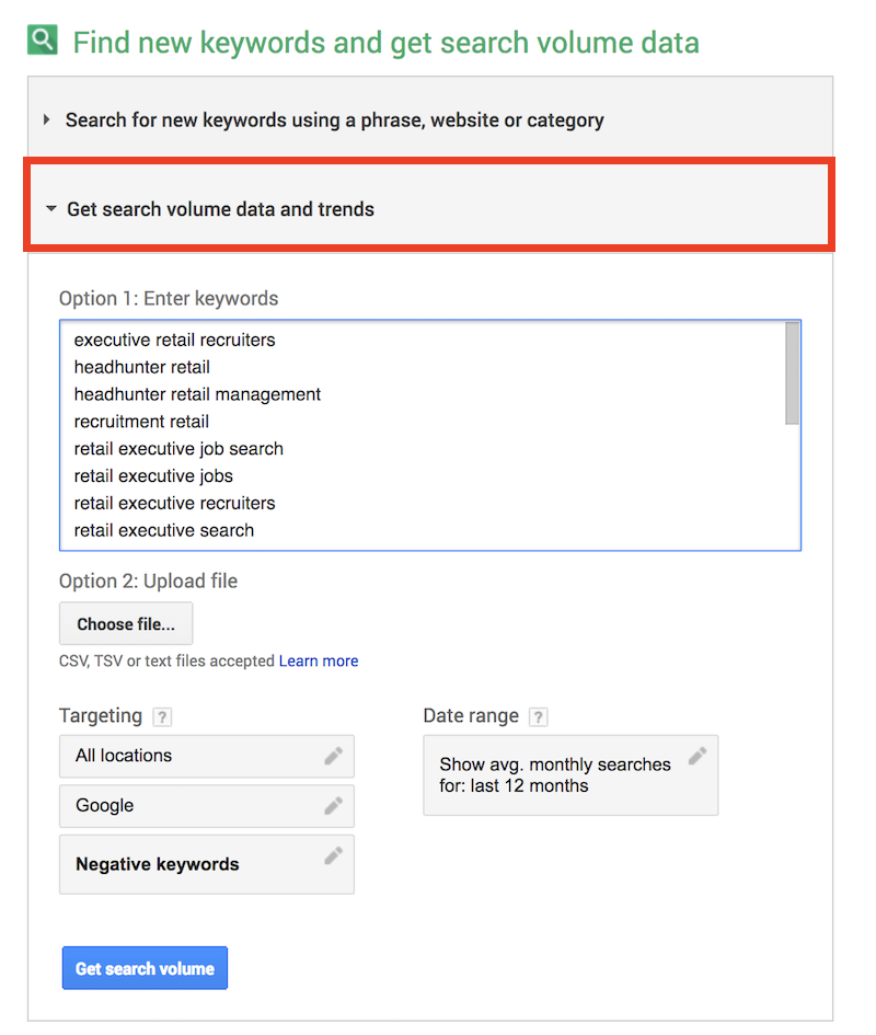 Google Keyword Planner Menu 2